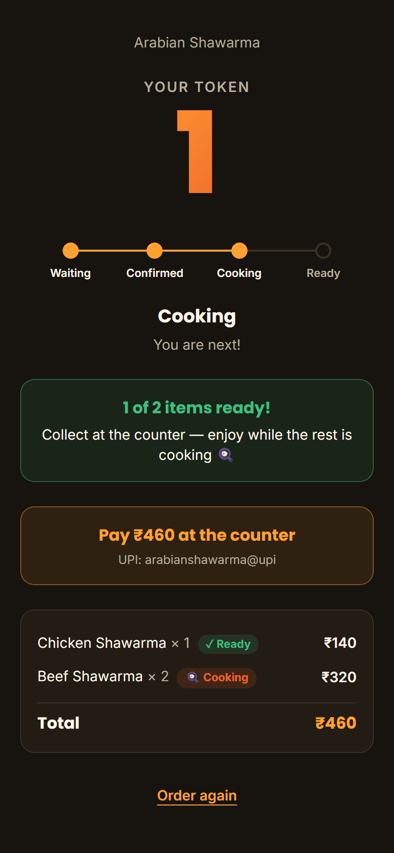 Customer's phone showing their token number and live status
